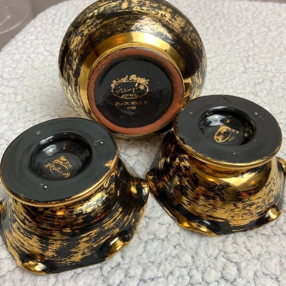 Vintage Stangl 22k Black Gold Vase/2 Candle Holders